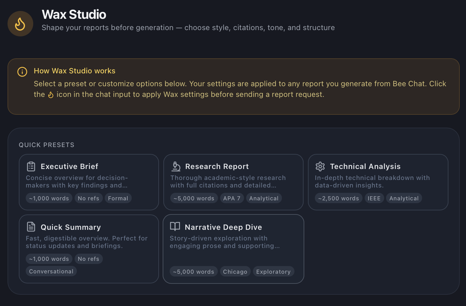 Wax Studio — Presets and customization page